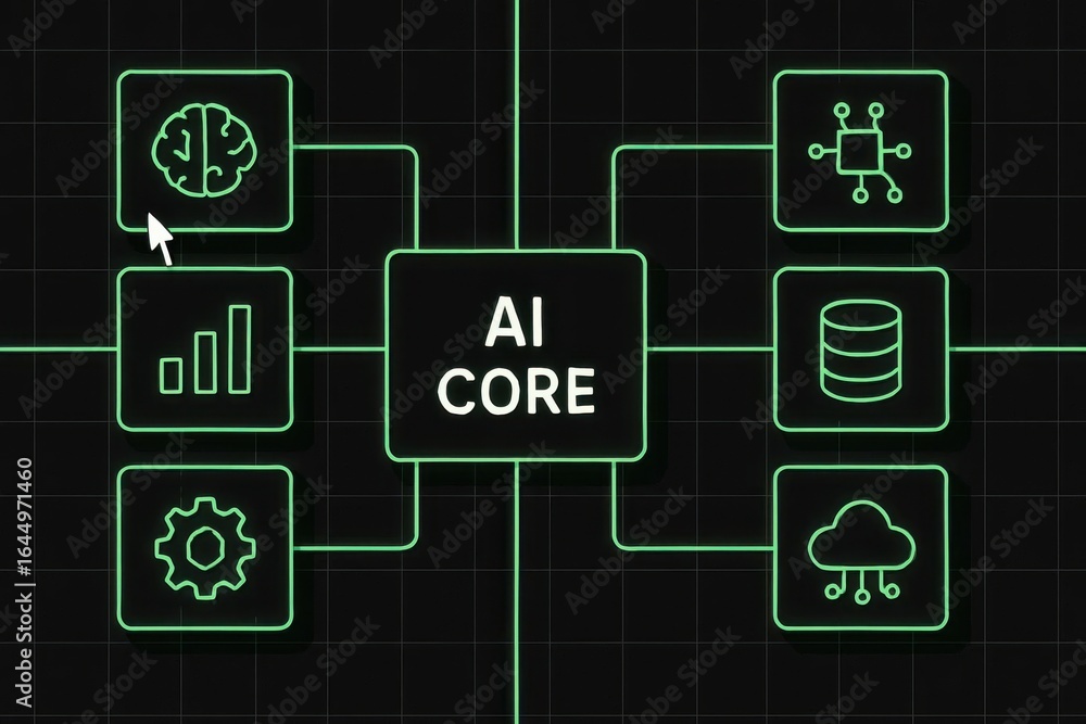 Aufkleber ai core system diagram with brain, processor, cloud, and data icons in neon green lines