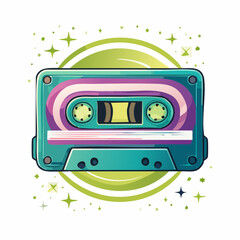 A spinning cassette tape in bright 90s retro colors.