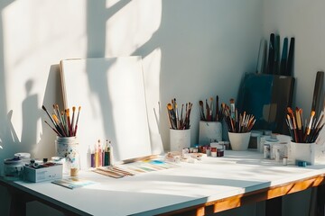 simple creative station with art supplies arranged neatly, white tabletop, sunbeam
