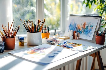 simple creative station with art supplies arranged neatly, white tabletop, sunbeam
