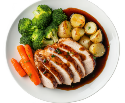 Roasted chicken breast with vegetables isolated on transparent background, top view