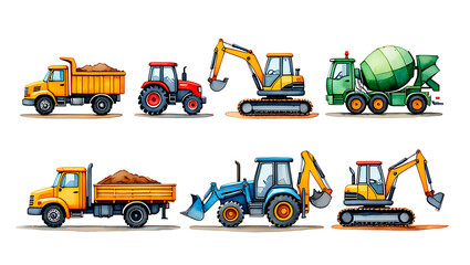 Colorful Watercolor Illustrations Construction Vehicles
