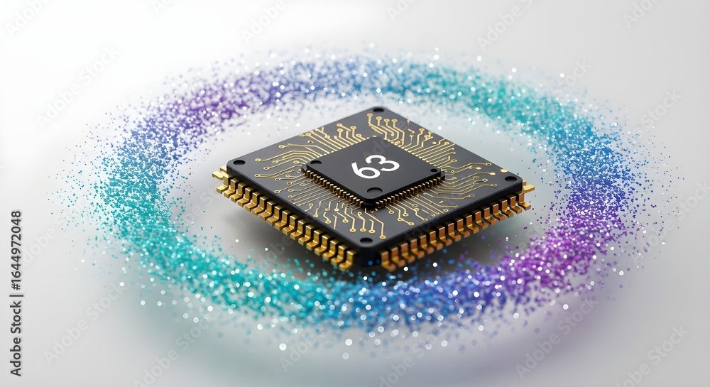 Aufkleber central processing unit chip with number 63 on shiny colorful background