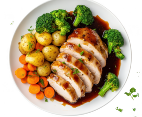 Roasted chicken breast with vegetables isolated on transparent background, top view