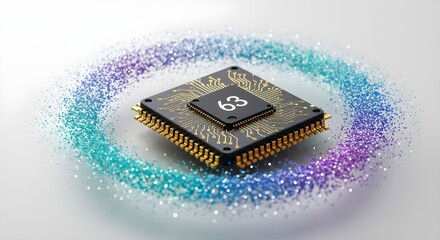 Central processing unit chip with number 63 on shiny colorful background