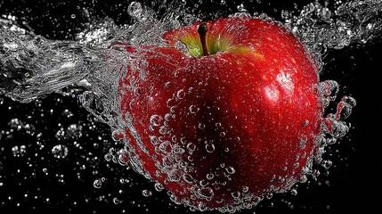 A red apple bursts into a spray of water.  Water droplets and bubbles surround the apple, creating a dynamic visual