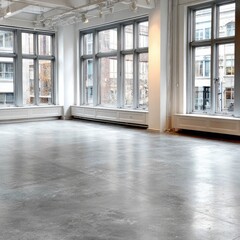 Fototapeta premium Empty, modern, bright interior space with concrete floor and large windows