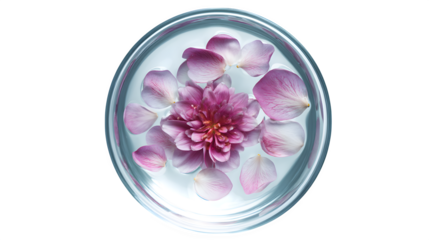 bowl of water with floating flower petals, top view, isolated on white, mindfulness and calmness symbol