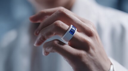 Tap to pay smart ring, clean glass white and sapphire blue, hand detail close-up 