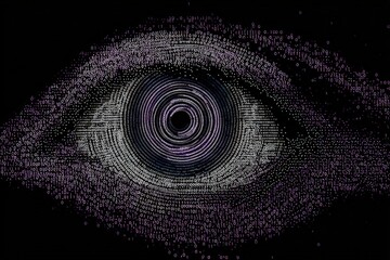 Surveillance eye made of binary code, black void with violet spiral, privacy concern art 