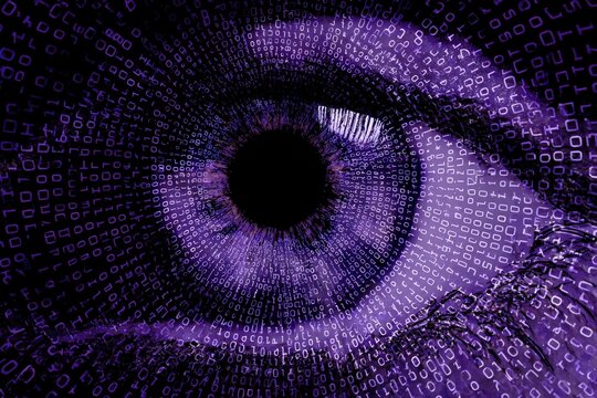 Surveillance eye made of binary code, black void with violet spiral, privacy concern art 
