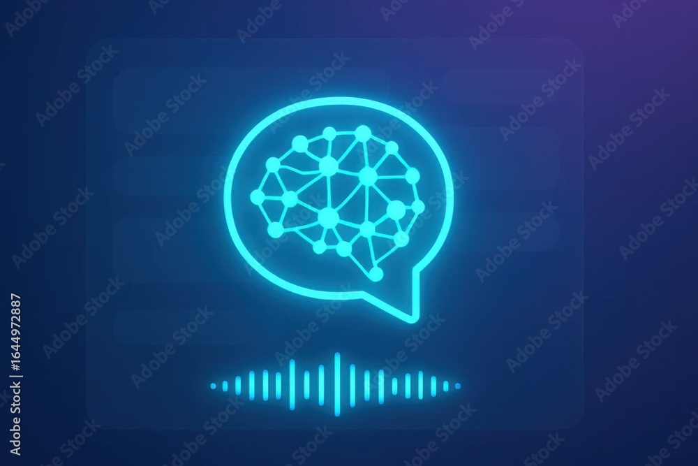 Poster neon ai voice chat interface showing neural brain bubble and sound wave on purple background