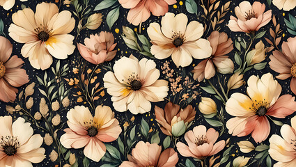Fototapeta premium Whimsical watercolor floral pattern with delicate petals and leaves