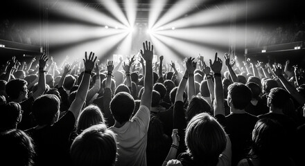 Energetic Crowd With Hands Raised In Concert Lighting