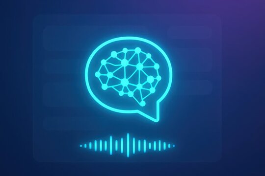Neon AI Voice Chat Interface Showing Neural Brain Bubble and Sound Wave on Purple Background
