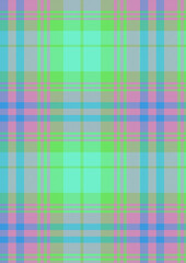 A seamless green and pastel abstract geometric pattern on a checkered fabric texture makes a colorful plaid wallpaper decoration