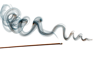 burning incense stick with spiral smoke trail, calming ritual, white background