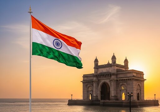 Indian National Flag Waving Proudly Against Gateway of India at Sunset