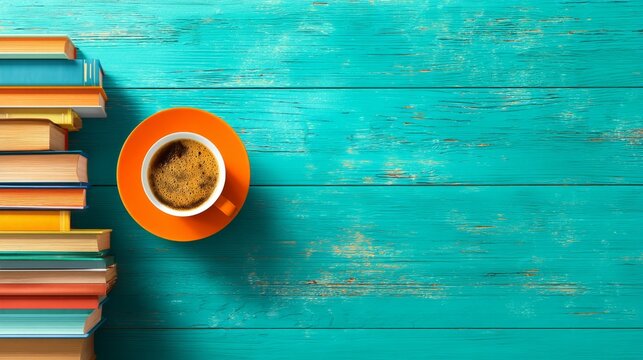 national book lovers day, Cozy Reading Corner: Books and Coffee on Rustic Table for National Book Lovers Day Celebration with Copy Space, Modern Flat Design - Powered by Adobe