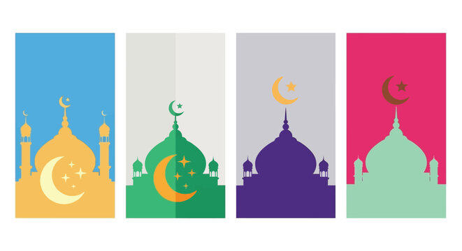 Four colorful mosque illustrations with crescent moon icons - Powered by Adobe