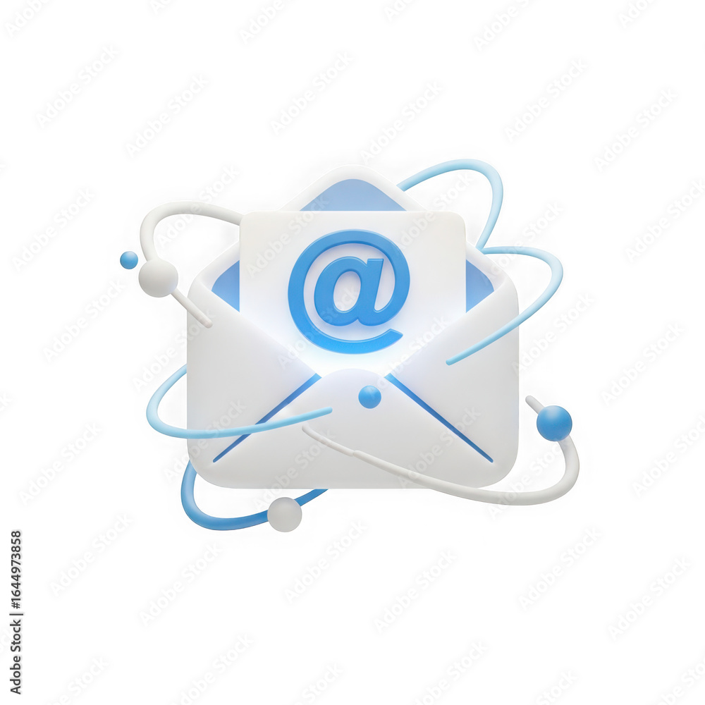 Poster photo of 3d render of an email envelope with at symbol isolated on transparent background