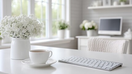 Bright Minimalist Home Workspace with White Flowers and Tea