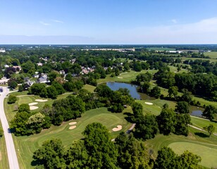 Aerial view of a golf course and residential area