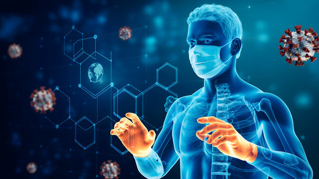 Futuristic scientist analyzing virus spread globally with digital interface, showcasing medical research and pandemic awareness in a modern scientific context