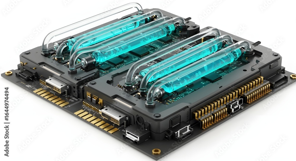 Aufkleber cooling system for computer processor with liquid cooling on white background