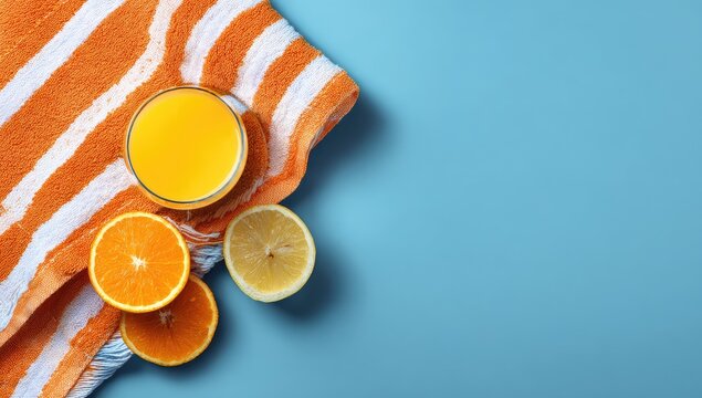 A glass of orange juice sits on an orange and white striped towel next to orange and lemon slices on a light blue background