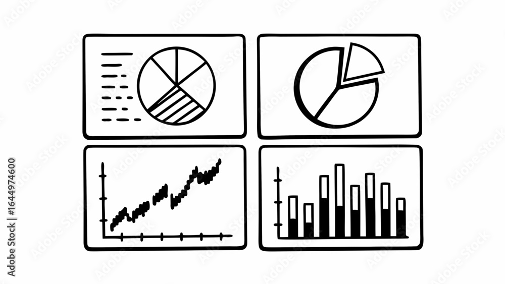Poster four panels showing different types of data charts including pie charts line graphs and bar graphs i