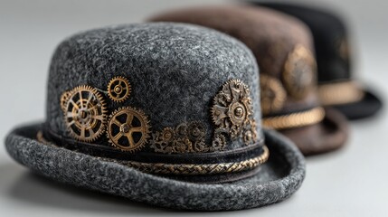 Three steampunk bowler hats, grey, brown, black, adorned with brass gears and floral details