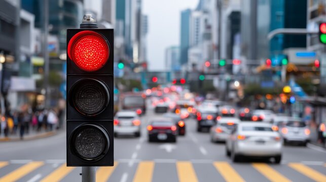 Urban Traffic System - Red Stop Light with Waiting Cars in Downtown, Pedestrian Safety Concept.