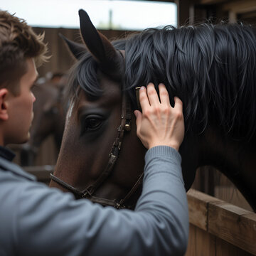 Male hand combing a black or brown horse mane in a stall. Young man combing a fetlock a mane stallion. Care for animals. Horseriding club. Slow mo, slowmotion, closeup, close up