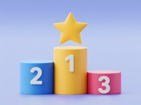 Winning Podium with Gold Star Depicting Achievement and Success in a Competition or Ranking System, Featuring a Yellow, Blue, and Red Design