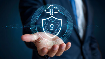 Secure your digital world with advanced cloud protection, a businessman confidently presents innovative cybersecurity solutions for a safer future.