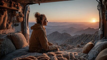 Adventure camper waking up at sunrise