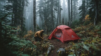Backpacker setting up a tent in the woods 