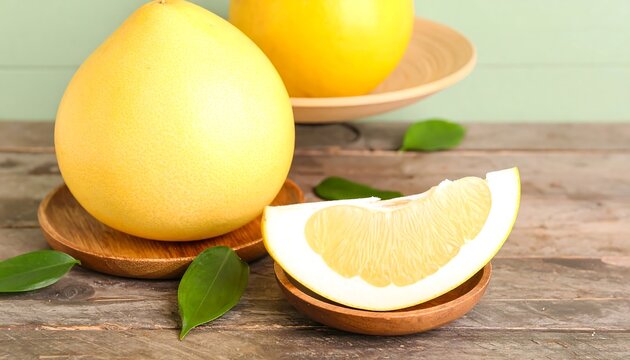 Two whole pomelos and a segment on wooden plates and a rustic table