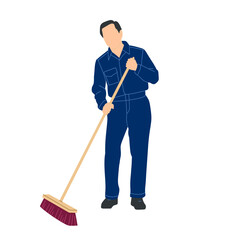 Vector illustration of a janitor in blue uniform sweeping the floor with a broom. Suitable for cleaning services, maintenance, sanitation, and housekeeping themed designs.