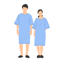 Obraz premium Vector illustration of male and female patients in light blue hospital gowns and slippers. Ideal for healthcare, medical, hospital, and patient care themes.