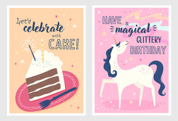 Set of birthday postcards with a unicorn, cake and hand writing. Invitations, happy birthday. Vector templates great for card, poster, flyer or banner