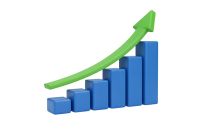 3d blue bar graph with green arrow showing upward trend isolated on transparent background