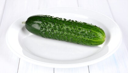 Fresh green cucumber with textured skin on a white plate, against a light blue wooden surface