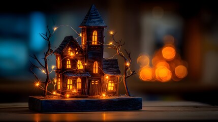 Illuminated miniature haunted house in a dark setting.
