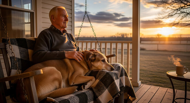 Peaceful Senior Man and Dog Relaxing on Porch Swing at Sunset Enjoying Serenity - Powered by Adobe