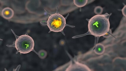 Close-up view of spiky microscopic cells with glowing internal structures, some displaying a green 'T' symbol. - Powered by Adobe