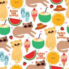 seamless pattern cartoon cats with summer element drawing. cute summer pattern for wallpaper, gift wrap paper