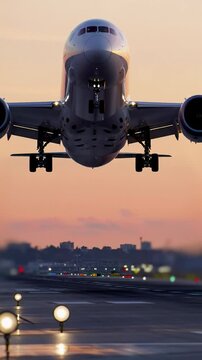 Majestic Boeing 787 Dreamliner performs a flawless touchdown on a pristine wet runway at magic hour, low-angle tracking video with glowing lights and city skyline bokeh, concept of global connectivity