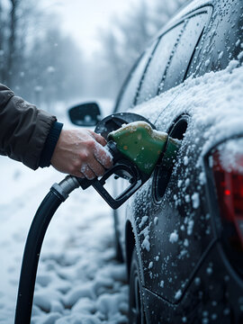 RefueRefueling gun in the gas tank of the carling the car in winter.